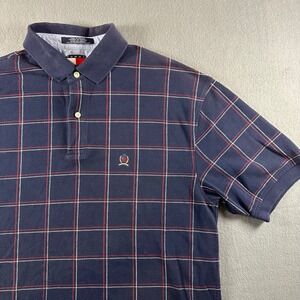 Tommy Hilfiger Mens Navy Blue Windowpane Check Crest Logo Polo Shirt XL Vintage